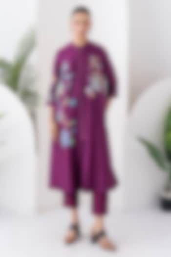 Wine Silk Chanderi Floral Printed Front Open Tunic Set by Haute Mess at Pernia's Pop Up Shop