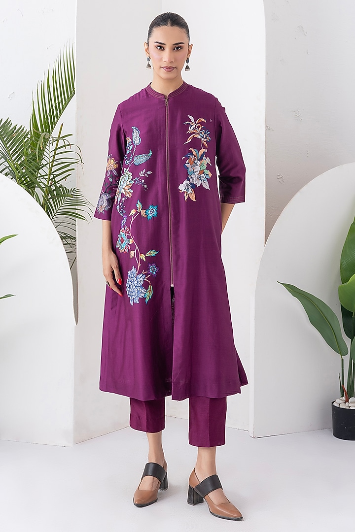 Wine Silk Chanderi Floral Printed Front Open Tunic Set by Haute Mess at Pernia's Pop Up Shop
