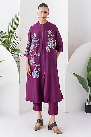 Wine Silk Chanderi Floral Printed Front Open Tunic Set by Haute Mess