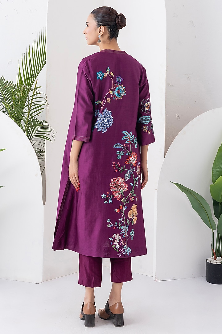 Wine Silk Chanderi Floral Printed Front Open Tunic Set by Haute Mess at Pernia's Pop Up Shop