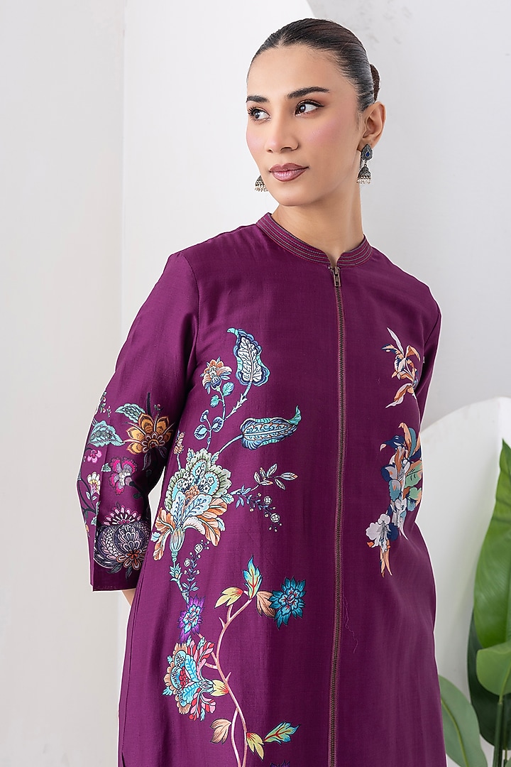 Wine Silk Chanderi Floral Printed Front Open Tunic Set by Haute Mess at Pernia's Pop Up Shop