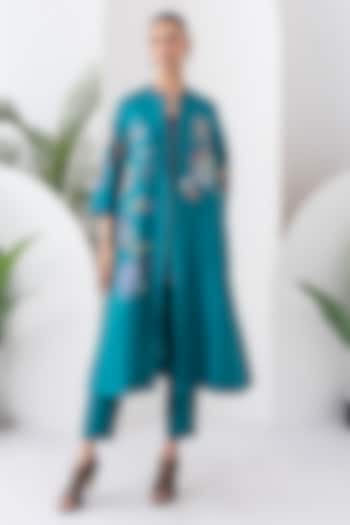 Emerald Silk Chanderi Floral Printed Front Open Tunic Set by Haute Mess at Pernia's Pop Up Shop