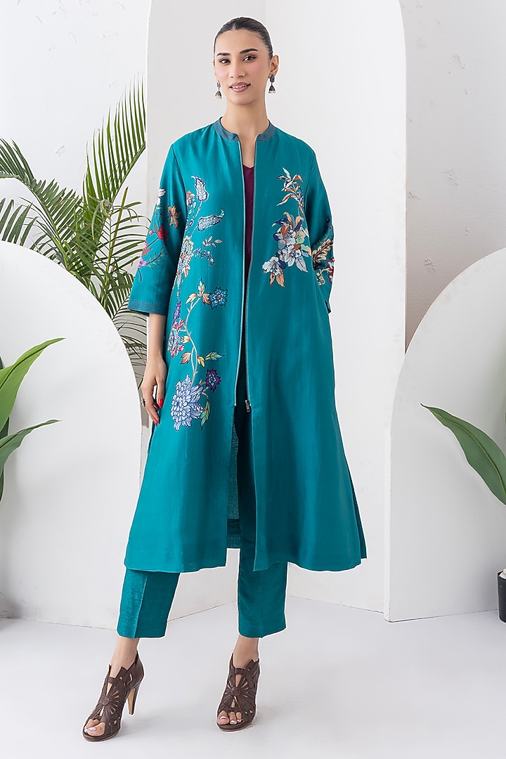 Emerald Silk Chanderi Floral Printed Front Open Tunic Set by Haute Mess at Pernia's Pop Up Shop