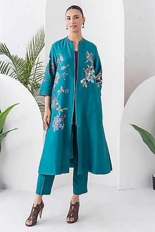 Emerald Silk Chanderi Floral Printed Front Open Tunic Set by Haute Mess