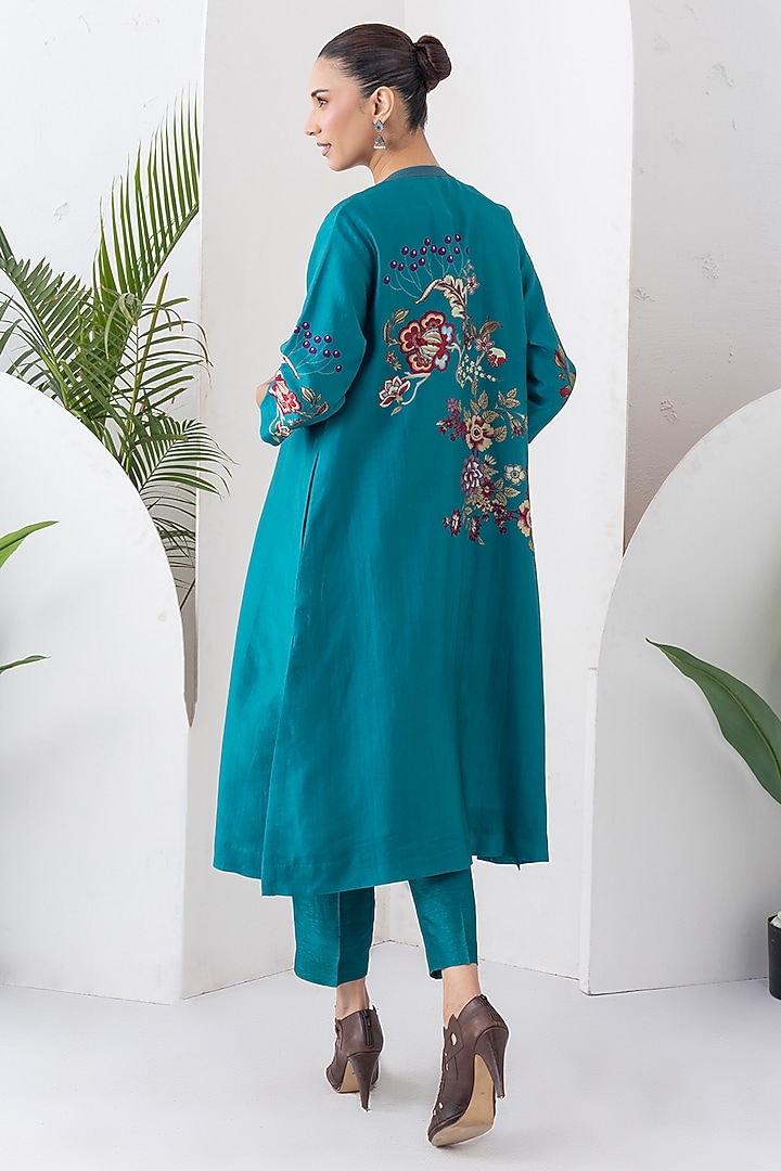 Emerald Silk Chanderi Floral Printed Front Open Tunic Set by Haute Mess at Pernia's Pop Up Shop