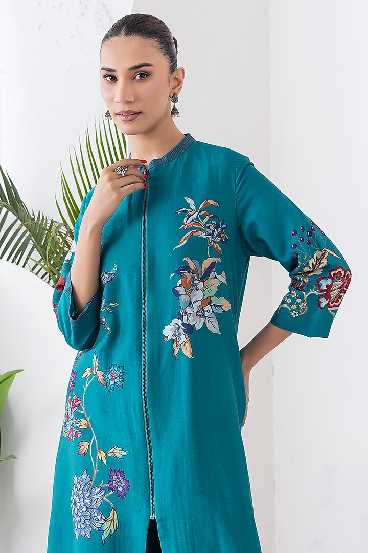 Emerald Silk Chanderi Floral Printed Front Open Tunic Set by Haute Mess at Pernia's Pop Up Shop