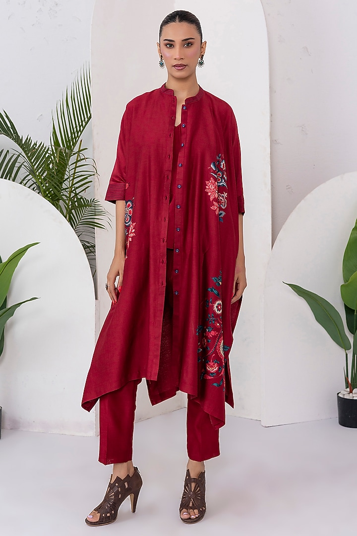 Maroon Silk Chanderi Printed Kaftan Style Tunic Set by Haute Mess at Pernia's Pop Up Shop