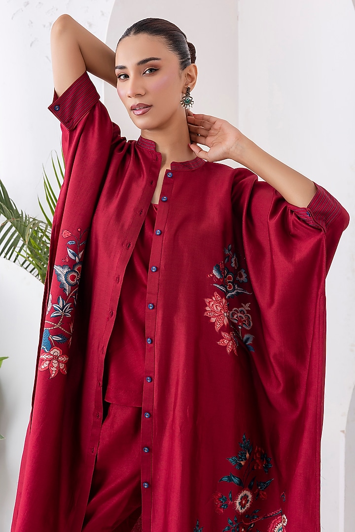Maroon Silk Chanderi Printed Kaftan Style Tunic Set by Haute Mess at Pernia's Pop Up Shop