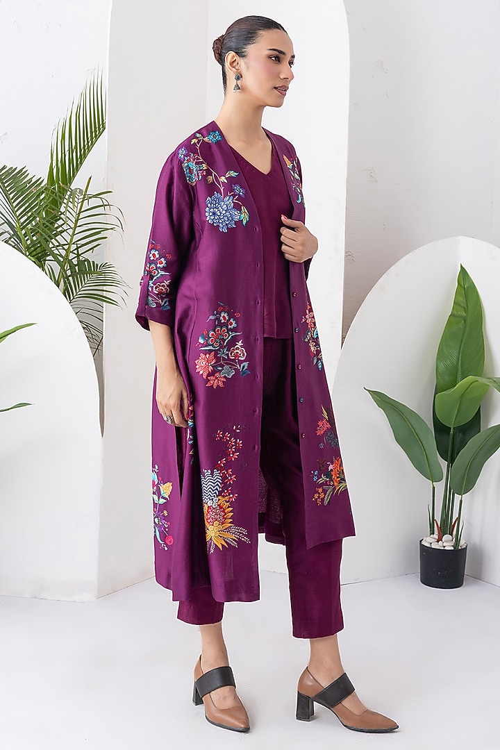 Wine Silk Chanderi Printed High-Low Tunic Set by Haute Mess at Pernia's Pop Up Shop