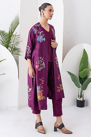 Wine Silk Chanderi Printed High-Low Tunic Set by Haute Mess