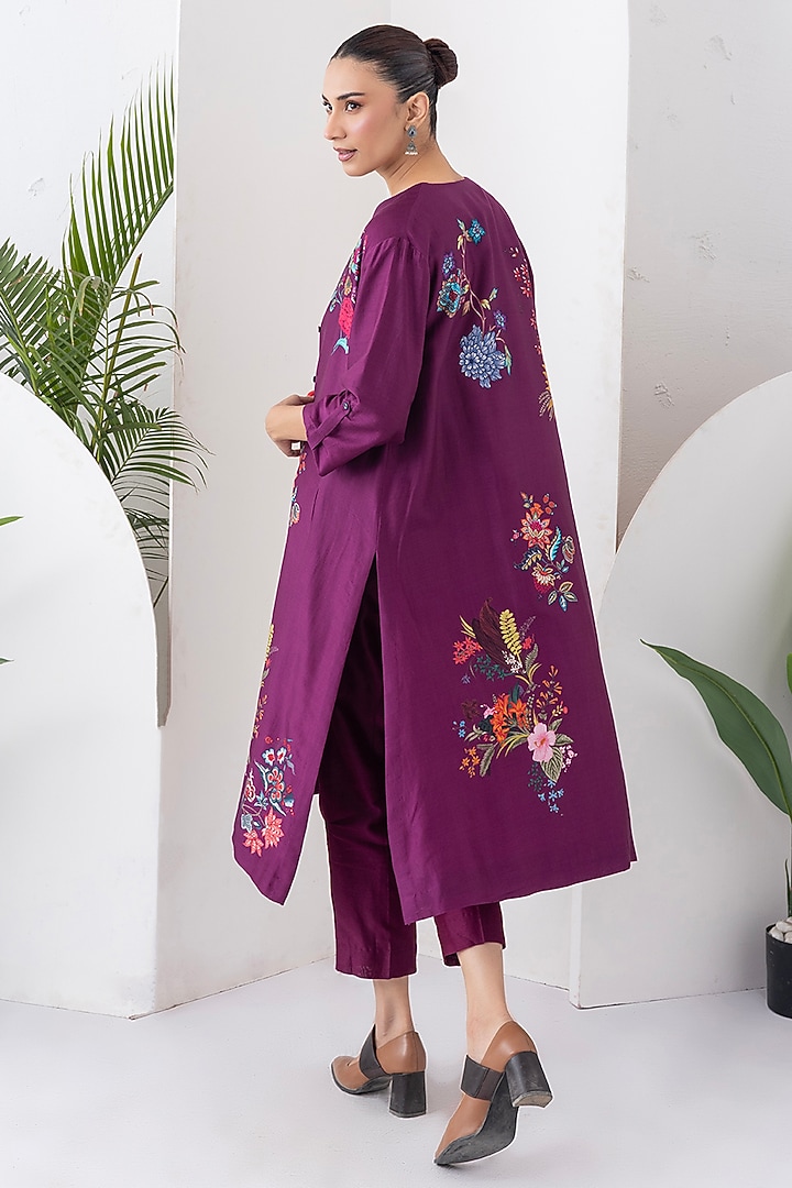 Wine Silk Chanderi Printed High-Low Tunic Set by Haute Mess at Pernia's Pop Up Shop