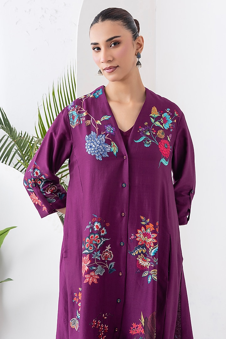Wine Silk Chanderi Printed High-Low Tunic Set by Haute Mess at Pernia's Pop Up Shop