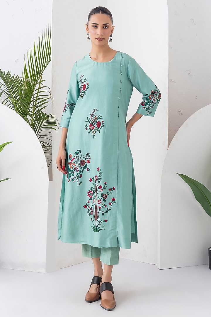 Mint Silk Chanderi Floral Boota Printed Tunic Set by Haute Mess at Pernia's Pop Up Shop