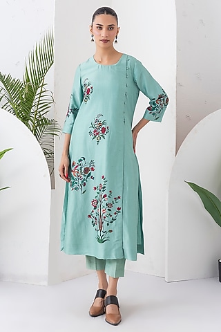 Mint Silk Chanderi Floral Boota Printed Tunic Set by Haute Mess