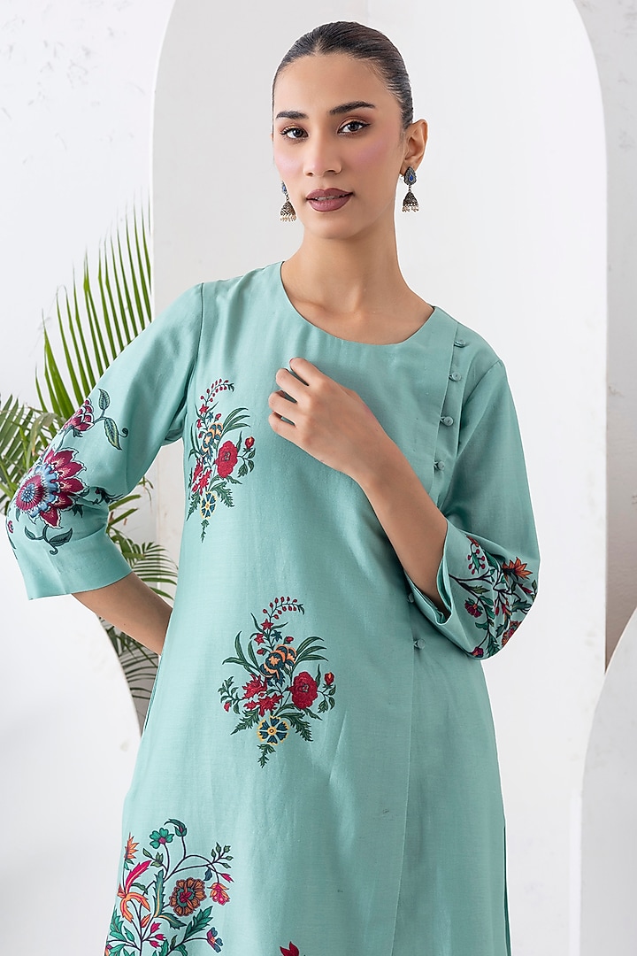 Mint Silk Chanderi Floral Boota Printed Tunic Set by Haute Mess at Pernia's Pop Up Shop