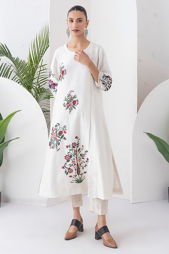 Ivory Silk Chanderi Floral Boota Printed Tunic Set by Haute Mess at Pernia's Pop Up Shop