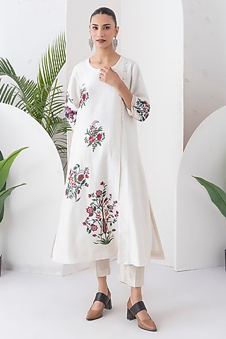 Ivory Silk Chanderi Floral Boota Printed Tunic Set by Haute Mess