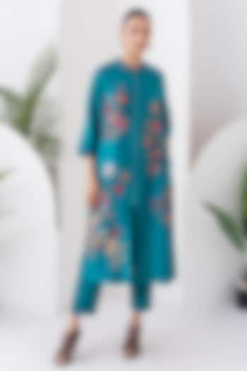 Emerald Silk Chanderi Floral Printed Front-Zip Tunic Set by Haute Mess at Pernia's Pop Up Shop