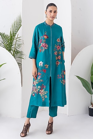 Emerald Silk Chanderi Floral Printed Front-Zip Tunic Set by Haute Mess