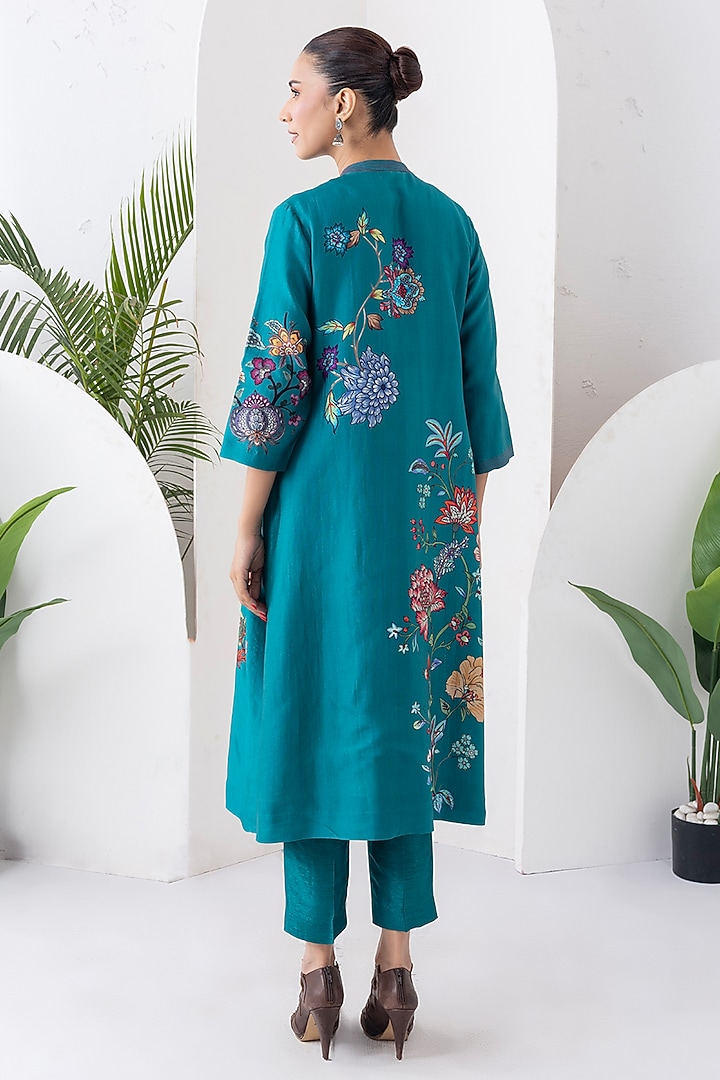Emerald Silk Chanderi Floral Printed Front-Zip Tunic Set by Haute Mess at Pernia's Pop Up Shop