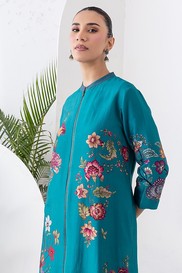 Emerald Silk Chanderi Floral Printed Front-Zip Tunic Set by Haute Mess at Pernia's Pop Up Shop