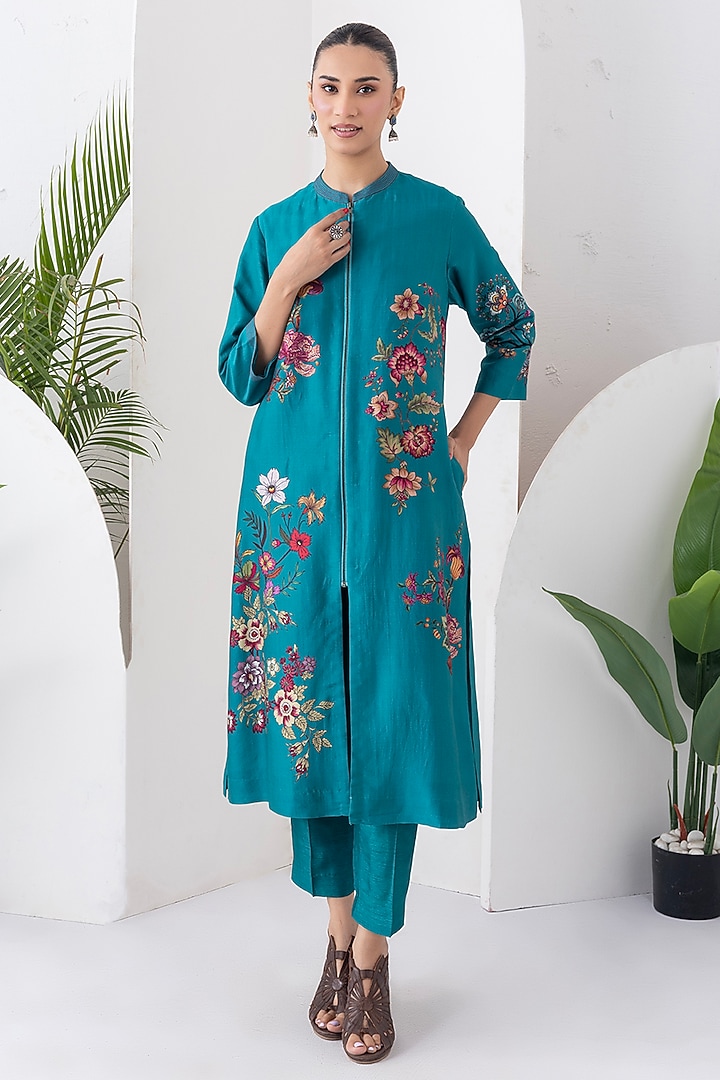 Emerald Silk Chanderi Floral Printed Front-Zip Tunic Set by Haute Mess at Pernia's Pop Up Shop