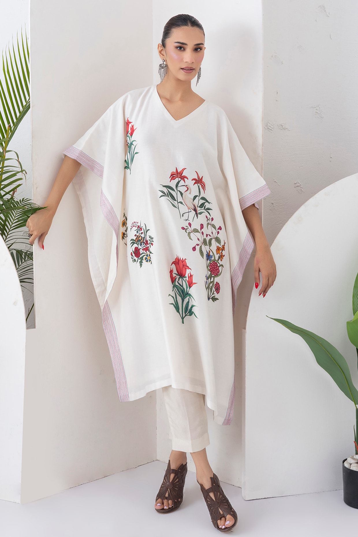 Haute Mess Ivory Silk Chanderi Floral Printed Kaftan Set