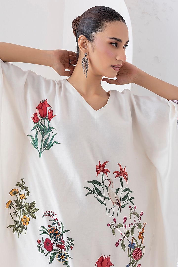 Ivory Silk Chanderi Floral Printed Kaftan Set by Haute Mess at Pernia's Pop Up Shop
