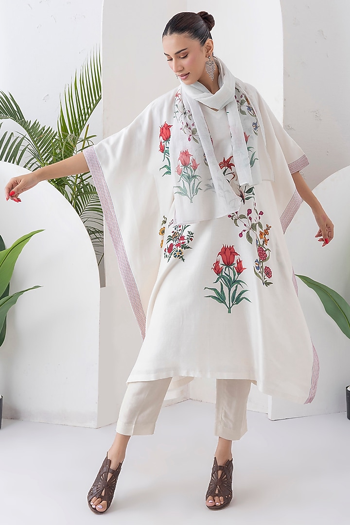 Ivory Silk Chanderi Floral Printed Kaftan Set by Haute Mess at Pernia's Pop Up Shop