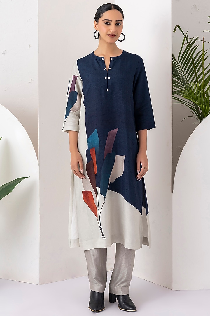Blue & Ivory Viscose Dupion Digital Printed Tunic Set by Haute Mess at Pernia's Pop Up Shop