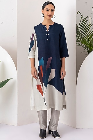 Blue & Ivory Viscose Dupion Digital Printed Tunic Set by Haute Mess