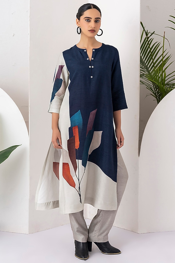 Blue & Ivory Viscose Dupion Digital Printed Tunic Set by Haute Mess at Pernia's Pop Up Shop