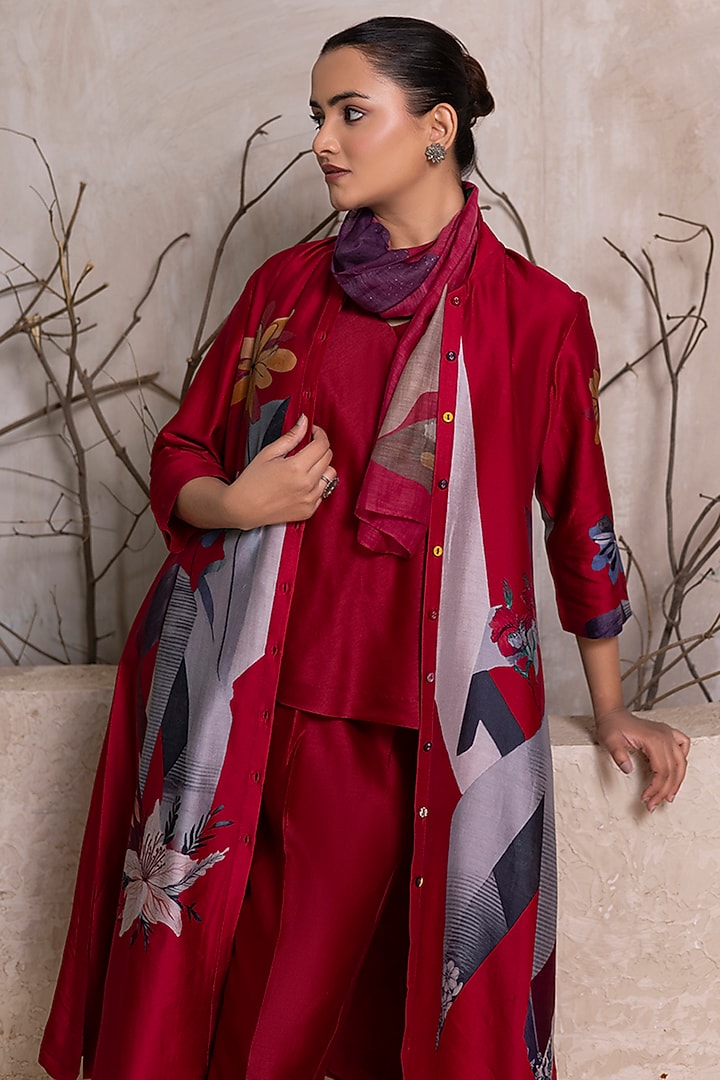 Red Silk Chanderi Digital Printed Tunic Set by Haute Mess at Pernia's Pop Up Shop