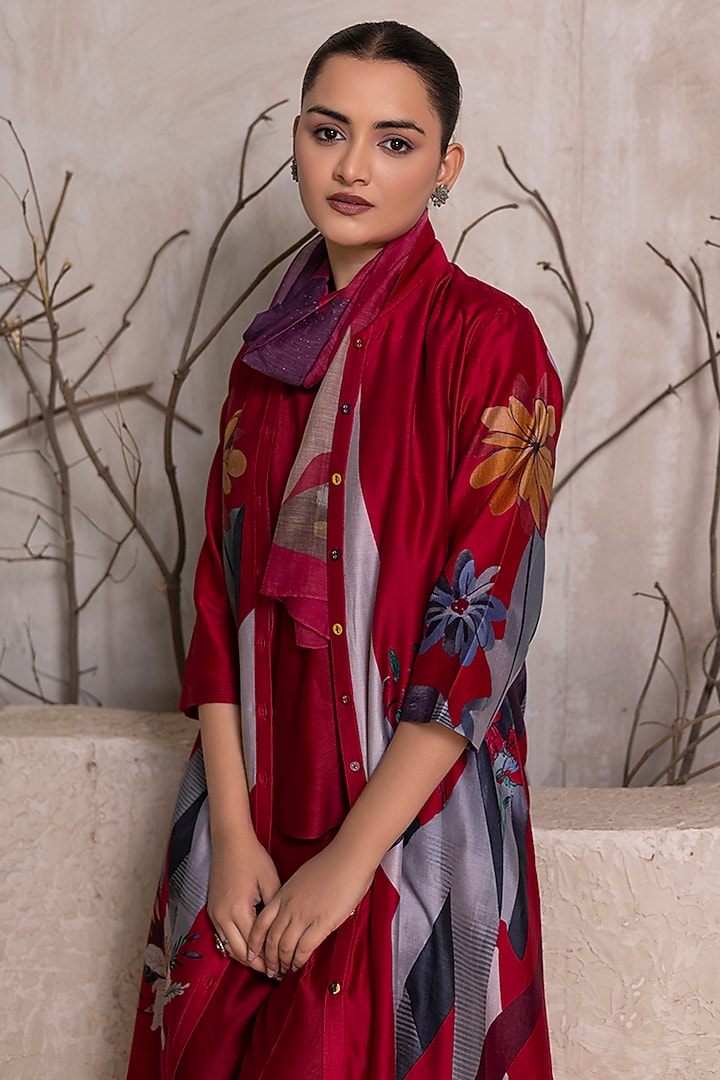 Red Silk Chanderi Digital Printed Tunic Set by Haute Mess at Pernia's Pop Up Shop