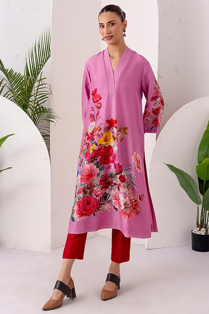 Salmon Pink Silk Chanderi Digital Printed Tunic Set by Haute Mess at Pernia's Pop Up Shop