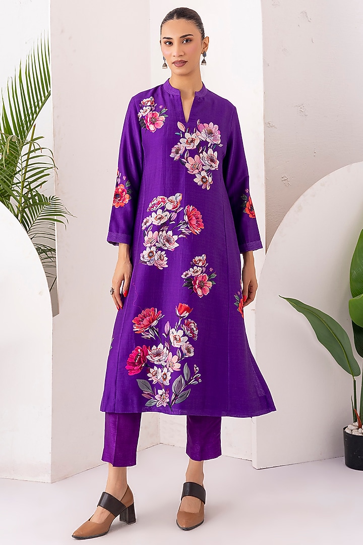 Royal Purple Silk Chanderi Digital Printed Tunic Set by Haute Mess at Pernia's Pop Up Shop