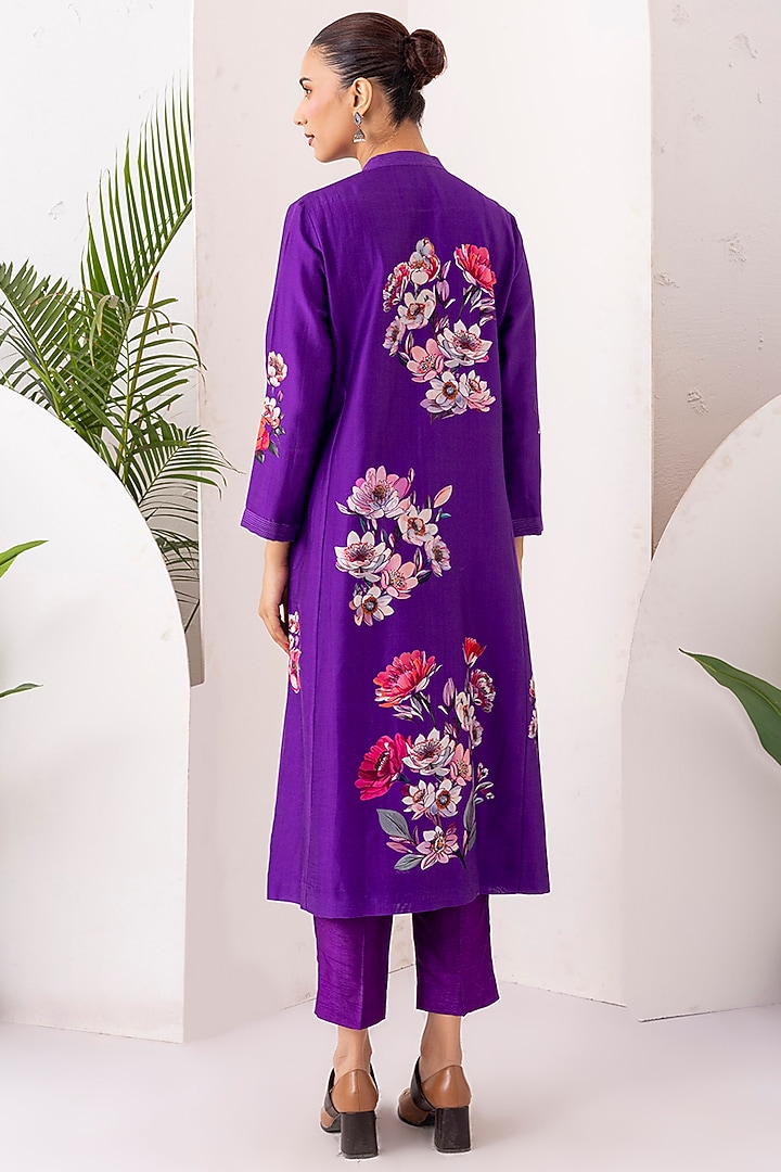 Royal Purple Silk Chanderi Digital Printed Tunic Set by Haute Mess at Pernia's Pop Up Shop