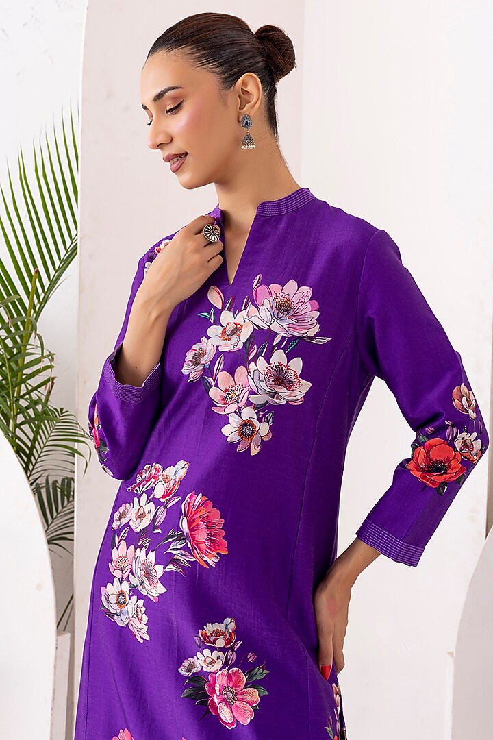 Royal Purple Silk Chanderi Digital Printed Tunic Set by Haute Mess at Pernia's Pop Up Shop