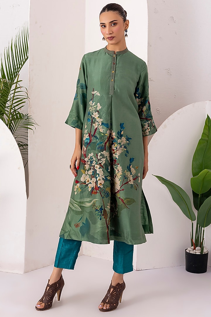 Sage Green Silk Chanderi Digital Printed Tunic Set by Haute Mess at Pernia's Pop Up Shop