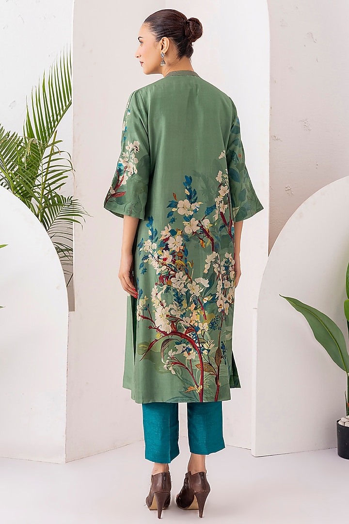 Sage Green Silk Chanderi Digital Printed Tunic Set by Haute Mess at Pernia's Pop Up Shop