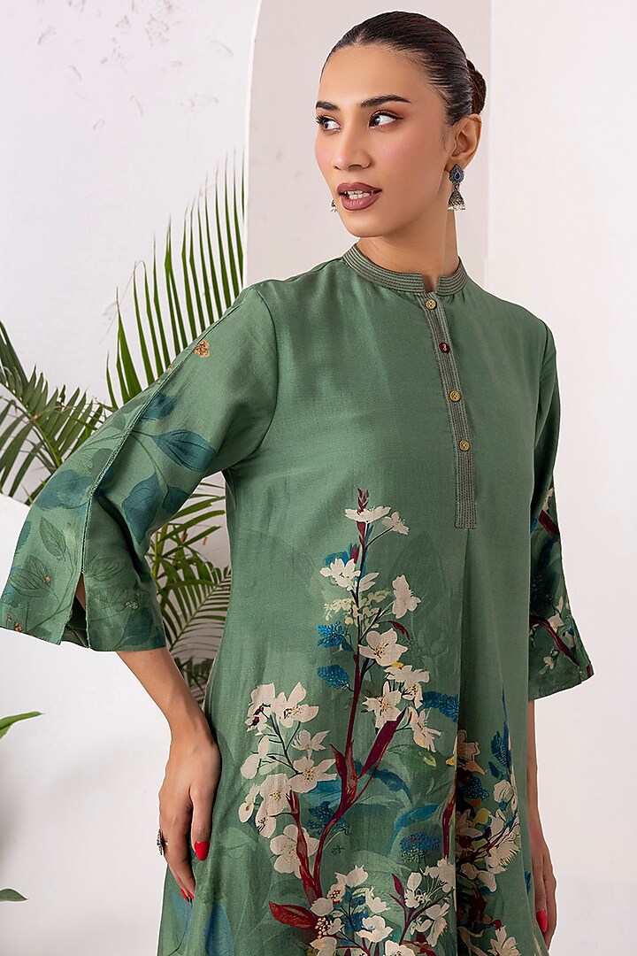 Sage Green Silk Chanderi Digital Printed Tunic Set by Haute Mess at Pernia's Pop Up Shop