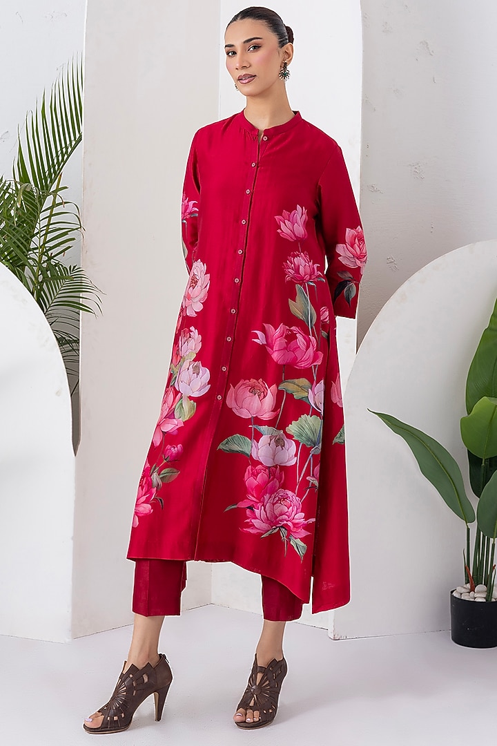 Maroon Silk Chanderi Digital Printed Tunic Set by Haute Mess at Pernia's Pop Up Shop