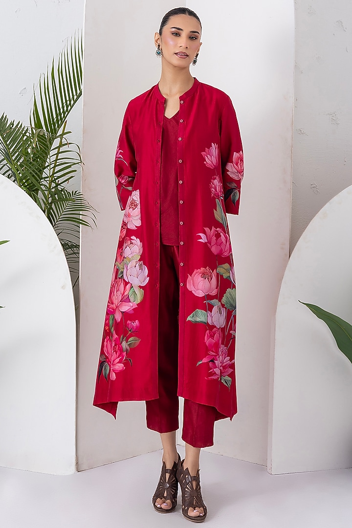 Maroon Silk Chanderi Digital Printed Tunic Set by Haute Mess at Pernia's Pop Up Shop