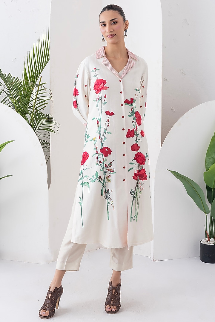 Ivory Silk Chanderi Digital Printed Tunic Set by Haute Mess at Pernia's Pop Up Shop
