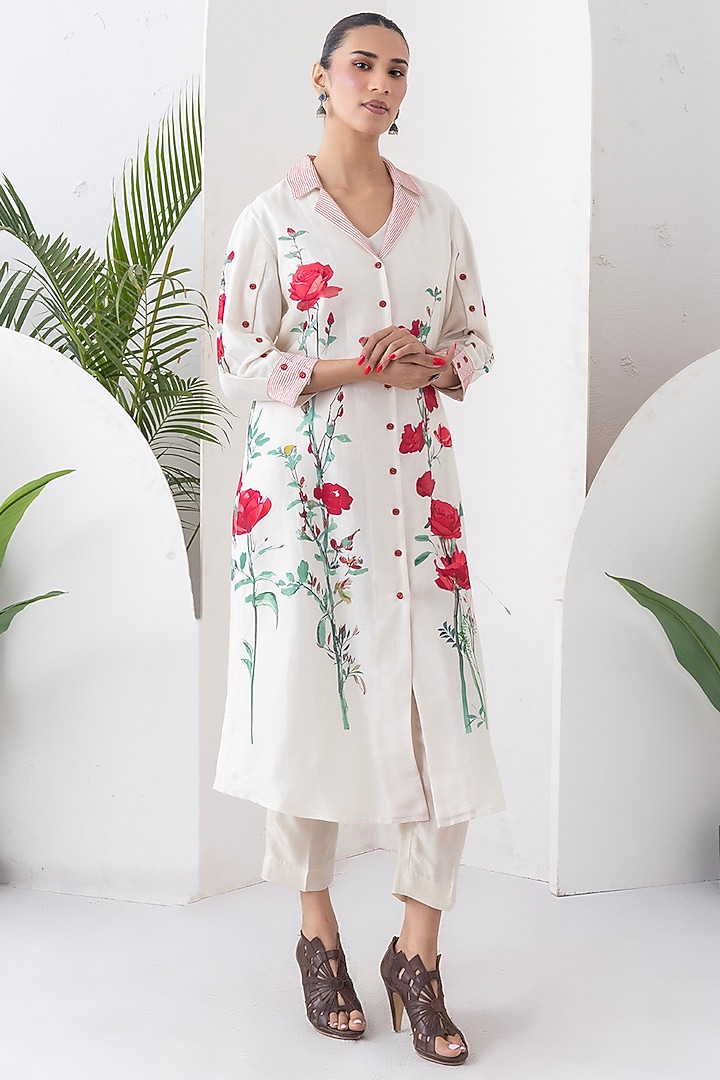 Ivory Silk Chanderi Digital Printed Tunic Set by Haute Mess at Pernia's Pop Up Shop