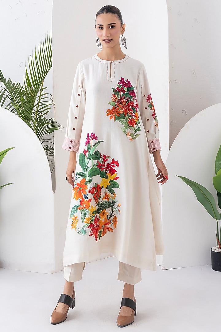 Ivory Silk Chanderi Floral Printed Tunic Set by Haute Mess at Pernia's Pop Up Shop