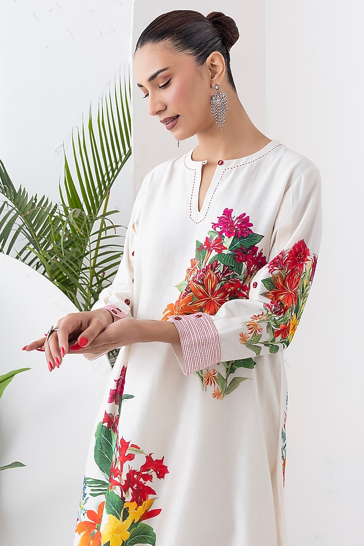 Ivory Silk Chanderi Floral Printed Tunic Set by Haute Mess at Pernia's Pop Up Shop
