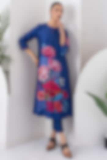 Cobalt Blue Silk Chanderi Floral Printed Tunic Set by Haute Mess at Pernia's Pop Up Shop