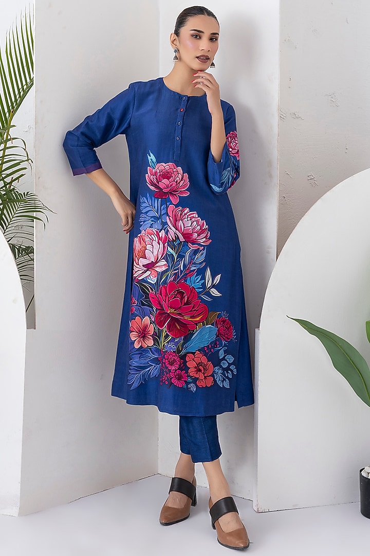 Cobalt Blue Silk Chanderi Floral Printed Tunic Set by Haute Mess at Pernia's Pop Up Shop