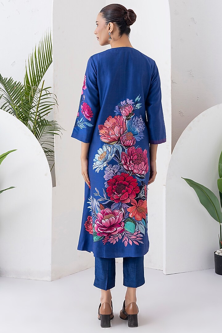 Cobalt Blue Silk Chanderi Floral Printed Tunic Set by Haute Mess at Pernia's Pop Up Shop
